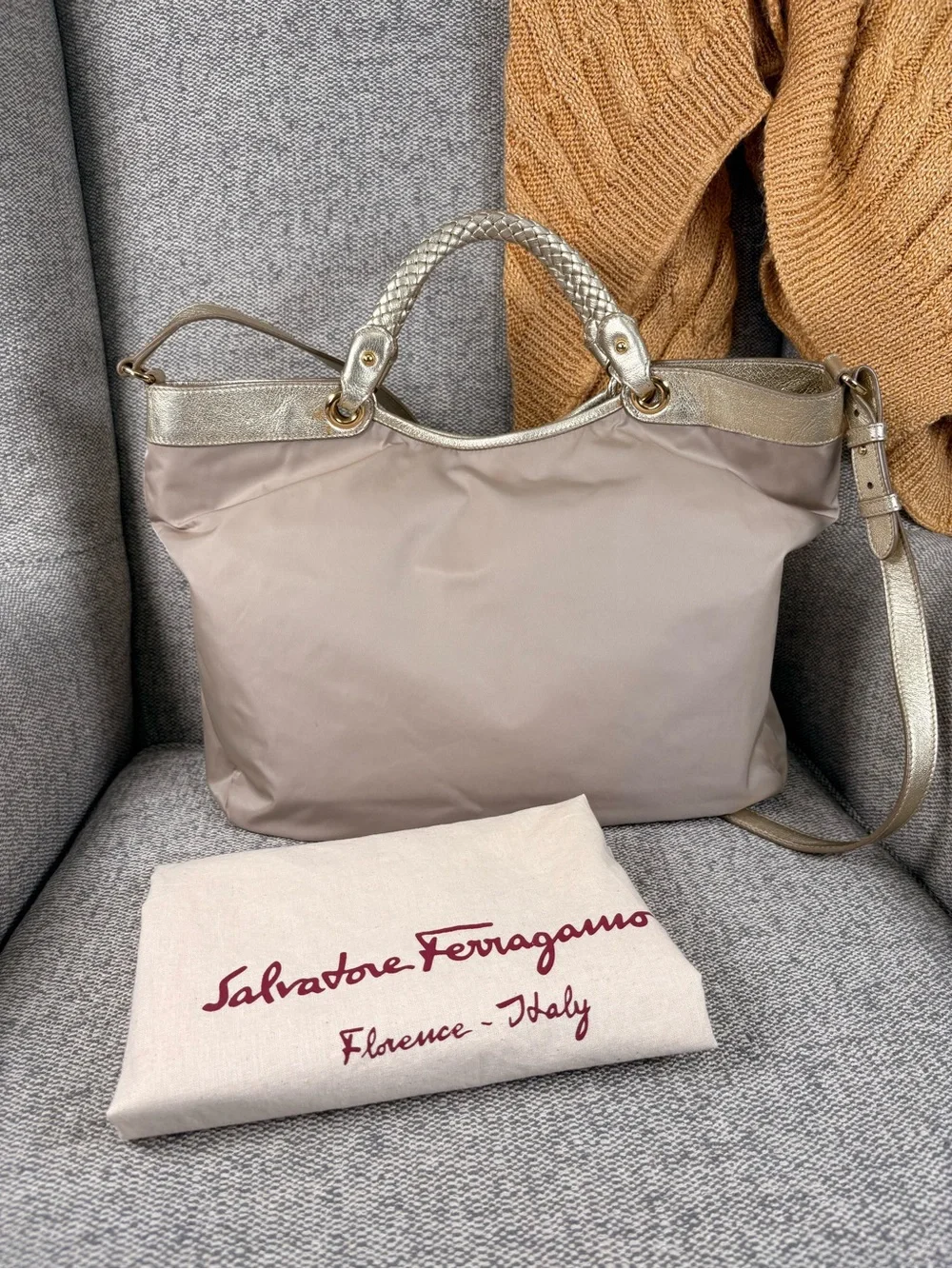Salvatore Ferragamo Beige Nylon Shoulder Bag with Metallic Gold Trim